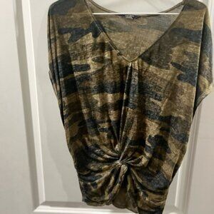 Lucky Brand V-Neck Twist Front Camouflage Blouse